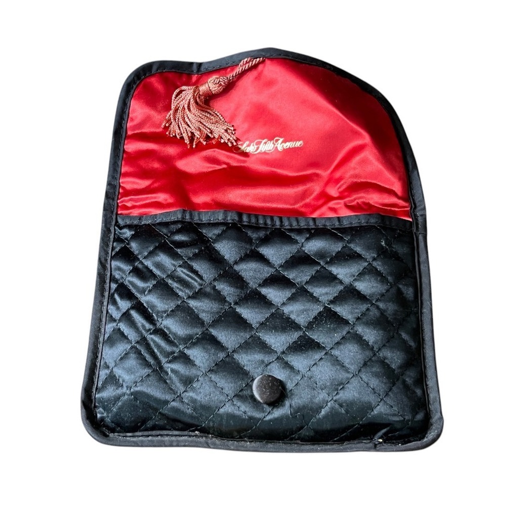 VTG SAKS FIFTH AVENUE Black Satin Quilted Pouch RED LINER w/TASSEL Jewelry Gift